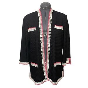 Misook Contrast Trim Textured Knit Jacket Top Size Large L Black Pink Open Neck